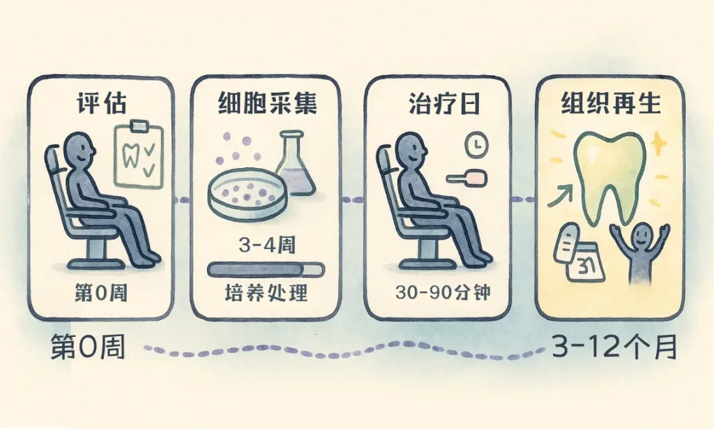 四阶段时间线展示牙源性干细胞治疗过程，采用柔和水彩风格插图，包括：评估 → 细胞采集 → 干细胞植入 → 组织再生。