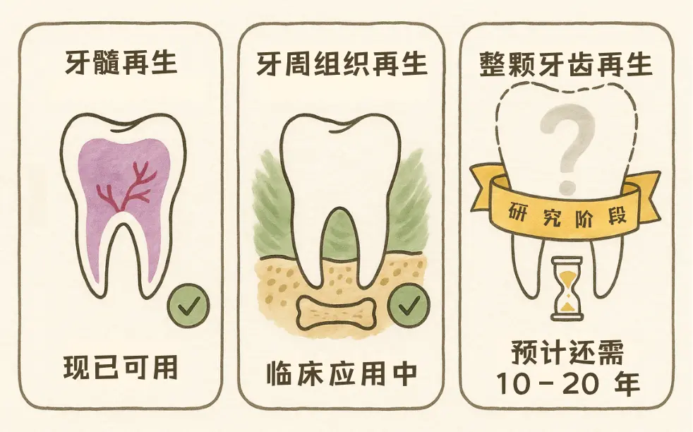 三格对比图展示牙髓再生、牙周组织再生及实验阶段的整颗牙齿再生。