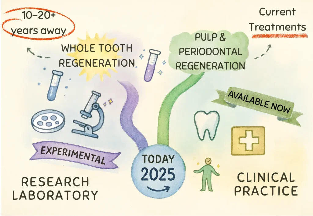 Two-path timeline showing gap between experimental research and current clinical reality in soft illustrated style.