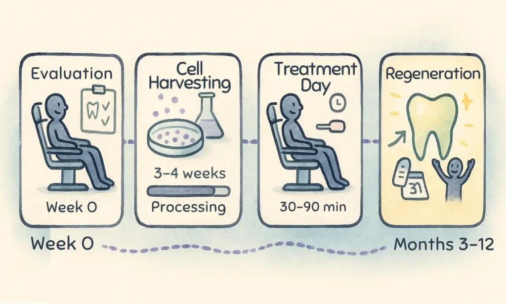 Four-stage timeline showing dental stem cell treatment journey in soft watercolor illustration style.