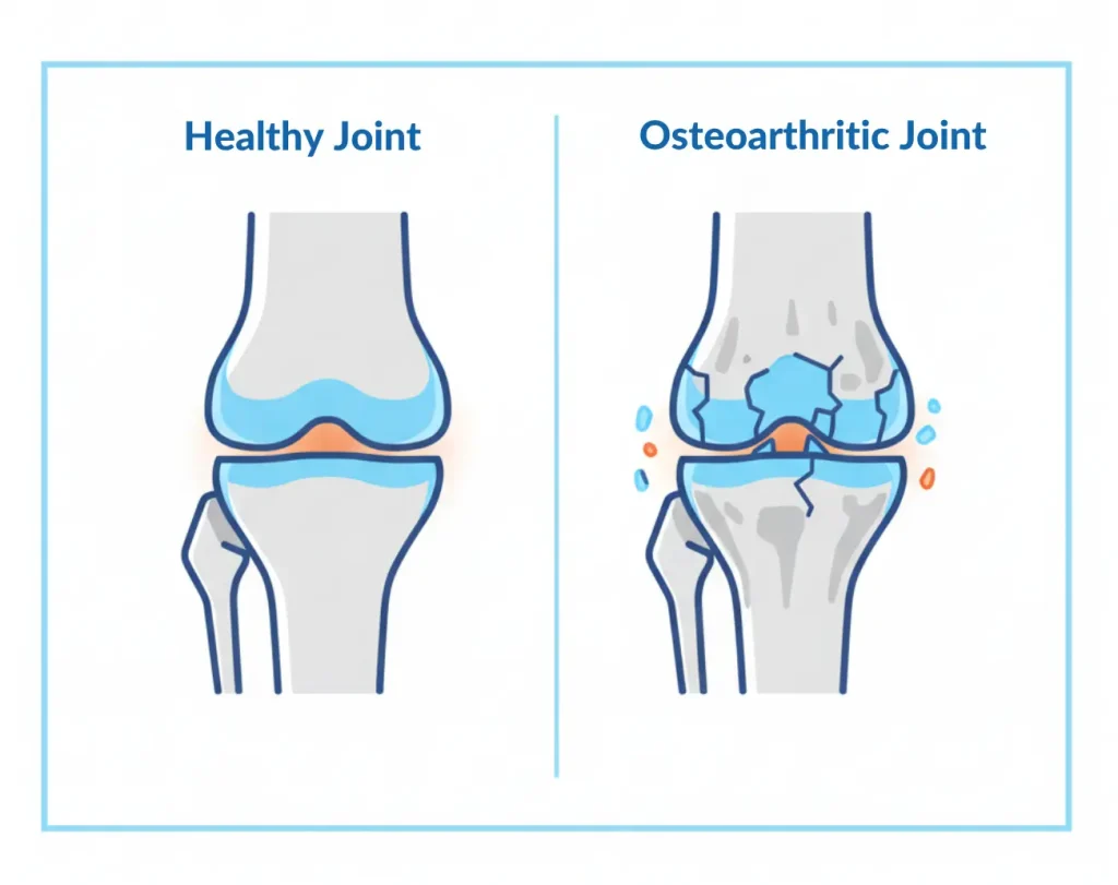 Medical comparison illustration of healthy knee joint versus osteoarthritic knee joint showing cartilage degeneration.