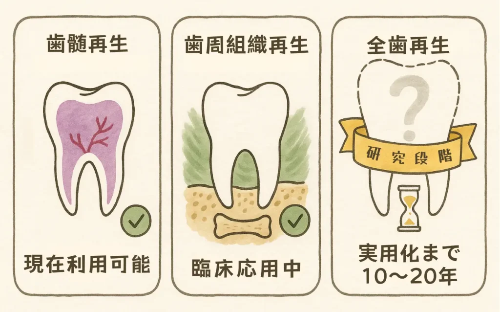 歯髄再生・歯周組織再生・全歯再生（実験段階）の3つを比較した図。
