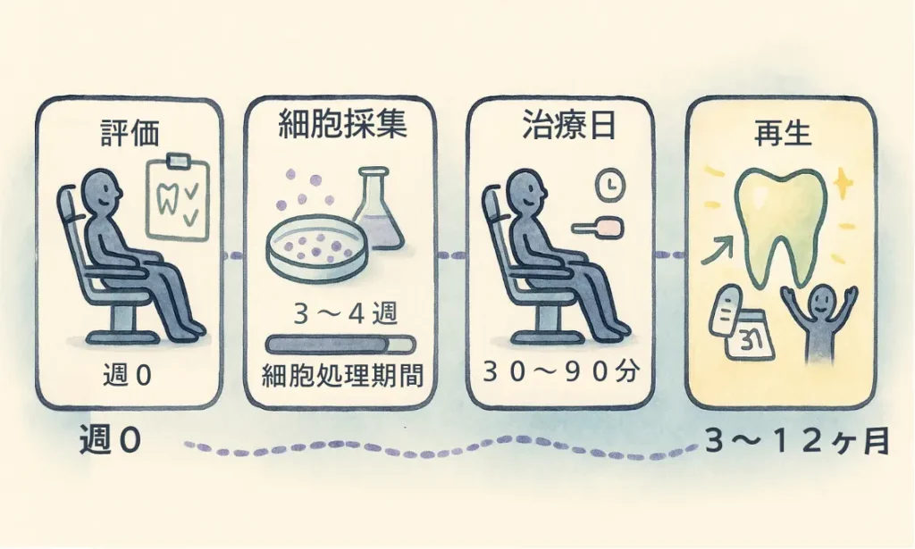 歯科幹細胞治療のプロセスを4段階で示したタイムライン。水彩風イラストで、評価・細胞採取・投与・再生の流れを表現。