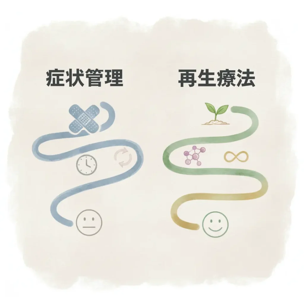 抽象的なシンボルを用いて、従来治療と再生治療の考え方を対比した二つの道の図。