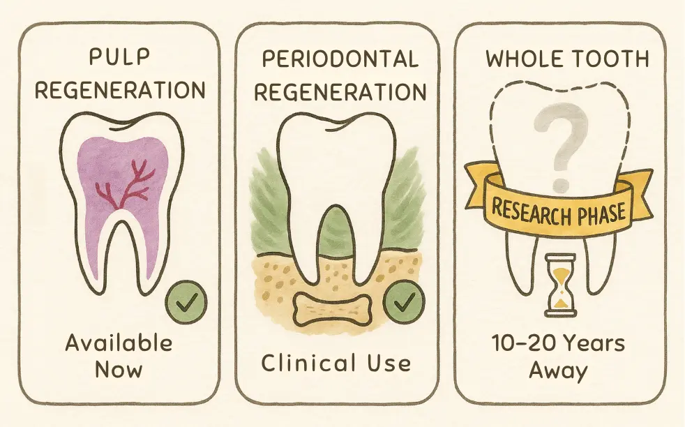 Three-panel comparison showing pulp regeneration, periodontal regeneration, and experimental whole tooth regeneration.