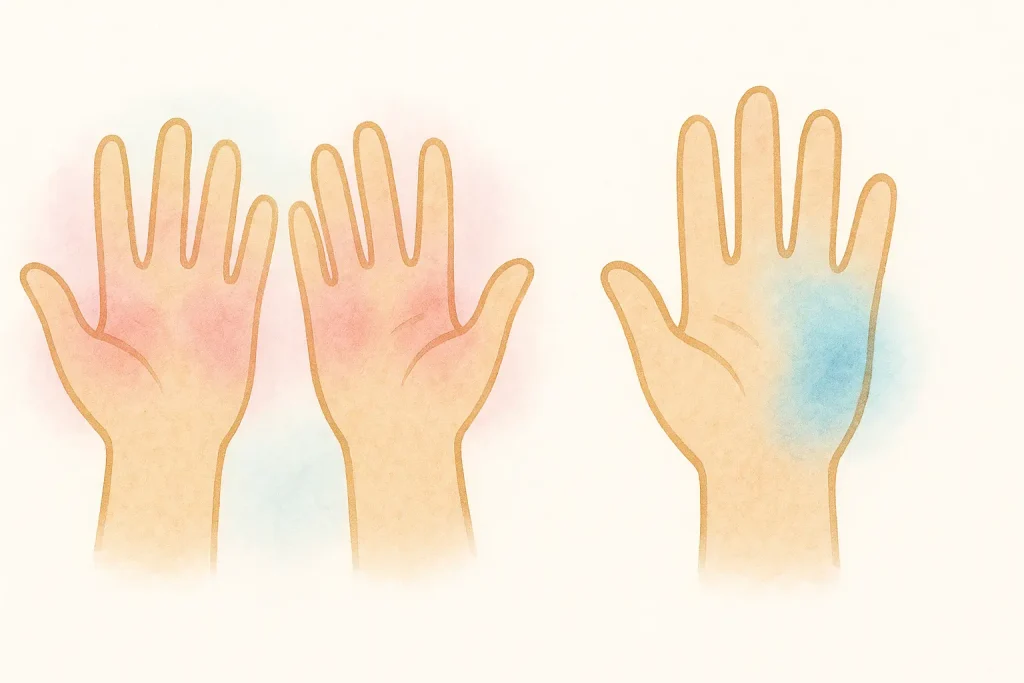 Side-by-side watercolor illustration comparing rheumatoid arthritis and osteoarthritis, showing symmetrical joint inflammation in both hands (left) versus single joint damage (right) in soft pastel colors.