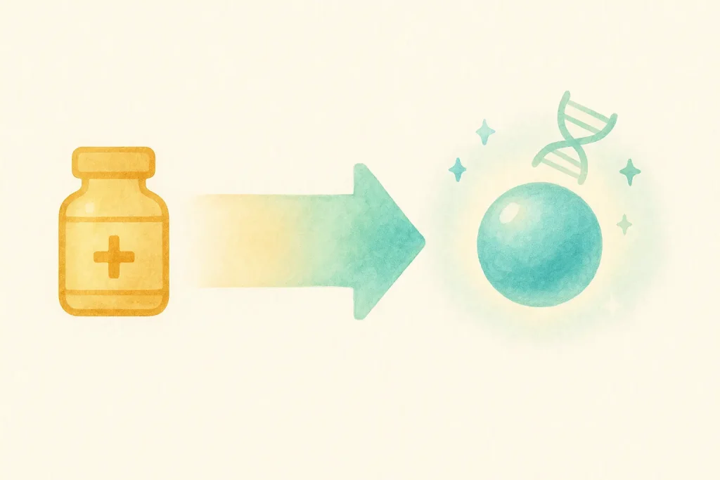 Watercolor diagram illustrating stem cell immune modulation mechanism, showing a central purple stem cell surrounded by smaller immune cells with flowing arrows indicating regulatory balance and harmony.