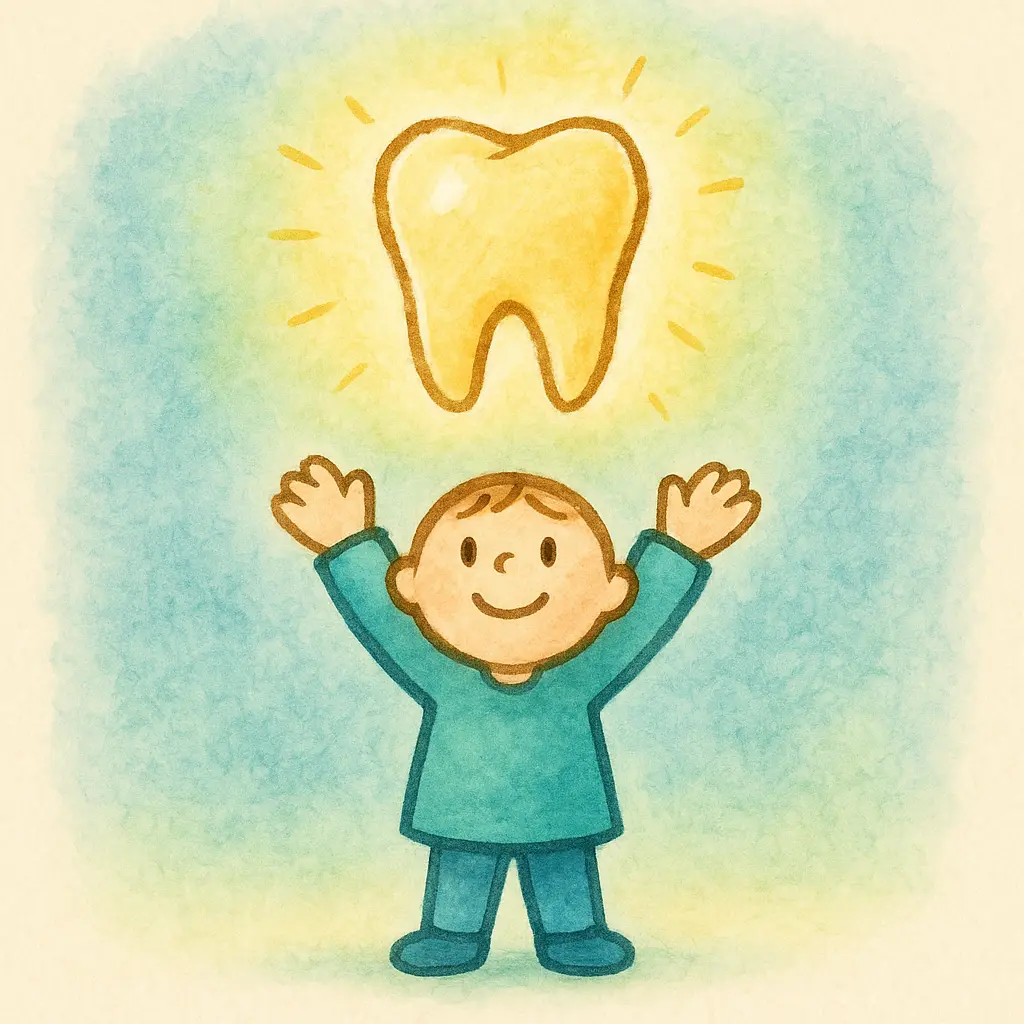 A smiling figure raising hands toward a glowing tooth, symbolizing regeneration and dental healing.