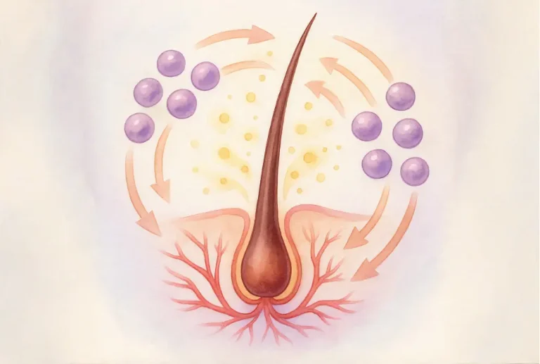 Watercolor medical diagram showing a central hair follicle surrounded by purple stem cells releasing glowing growth factor particles, with new blood vessels forming around the follicle base, connected by flowing arrows indicating biological activation, in soft educational colors.