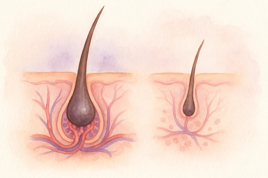 Side-by-side watercolor illustration comparing a healthy hair follicle with thick shaft and deep bulb on the left, versus a miniaturized follicle with thin shaft and shallow bulb on the right, shown in soft educational pastel colors.
