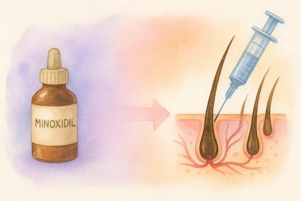 Watercolor timeline illustration showing progression from left to right: traditional minoxidil bottle (left), flowing gradient transition (center), and modern stem cell injection activating hair follicles (right), depicted in soft educational pastel tones representing medical advancement.