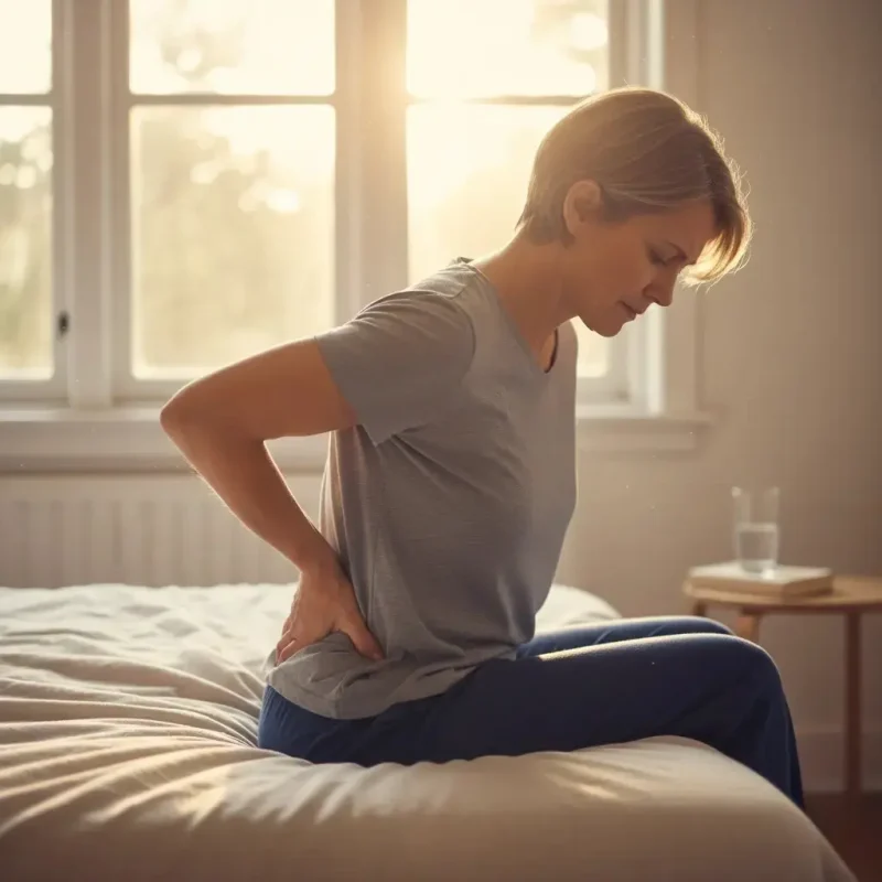 A middle-aged adult sitting on the edge of a bed holding their lower back in pain, representing chronic low back pain and the search for stem cell therapy