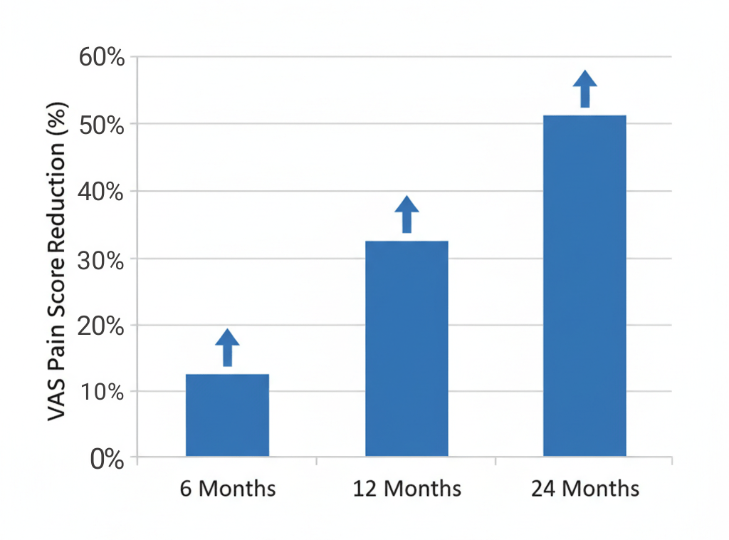 Chart showing pain score improvements in osteoarthritis patients after stem cell treatment over 6, 12, and 24 months