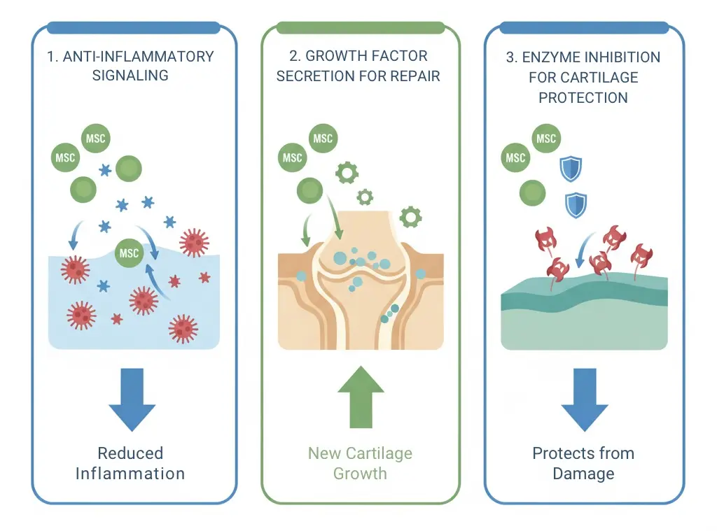 Diagram showing three mechanisms of stem cell treatment for osteoarthritis: anti-inflammation, cartilage repair stimulation, and cartilage protection