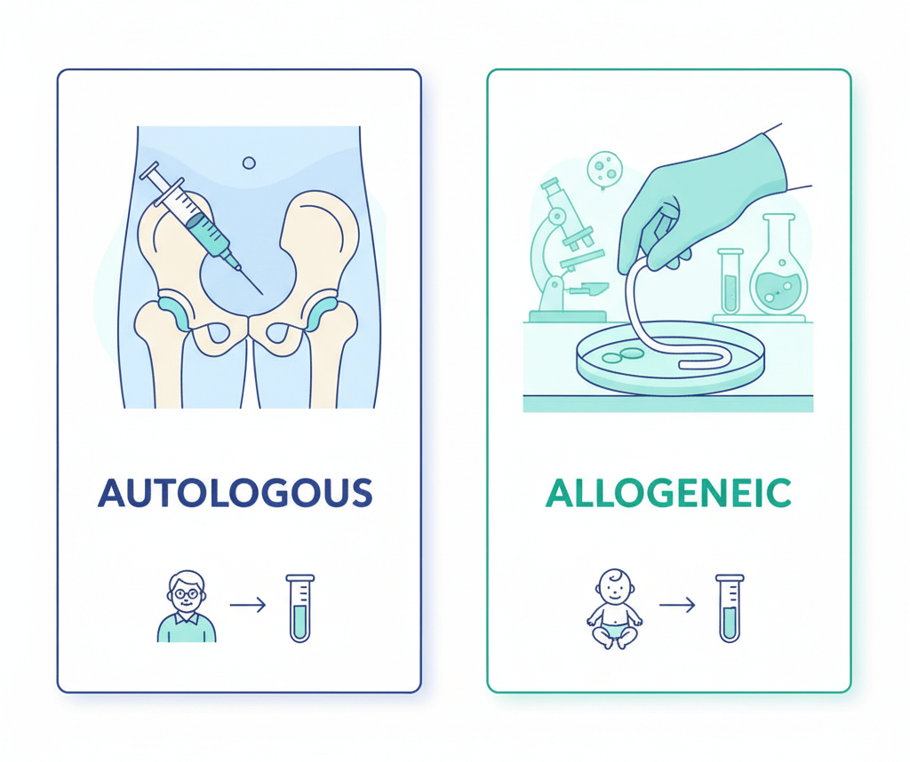 Comparison infographic of autologous bone marrow stem cells versus allogeneic umbilical cord stem cells for osteoarthritis treatment