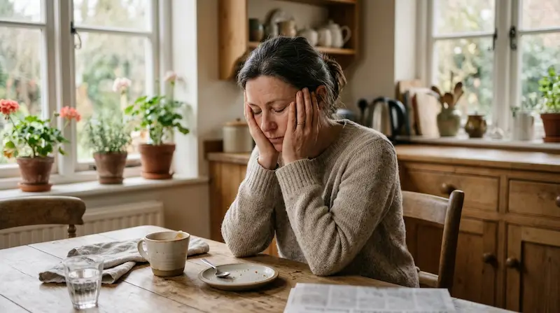 Woman with fibromyalgia sitting at a table holding her head in fatigue and chronic pain, representing the burden of fibromyalgia on daily life