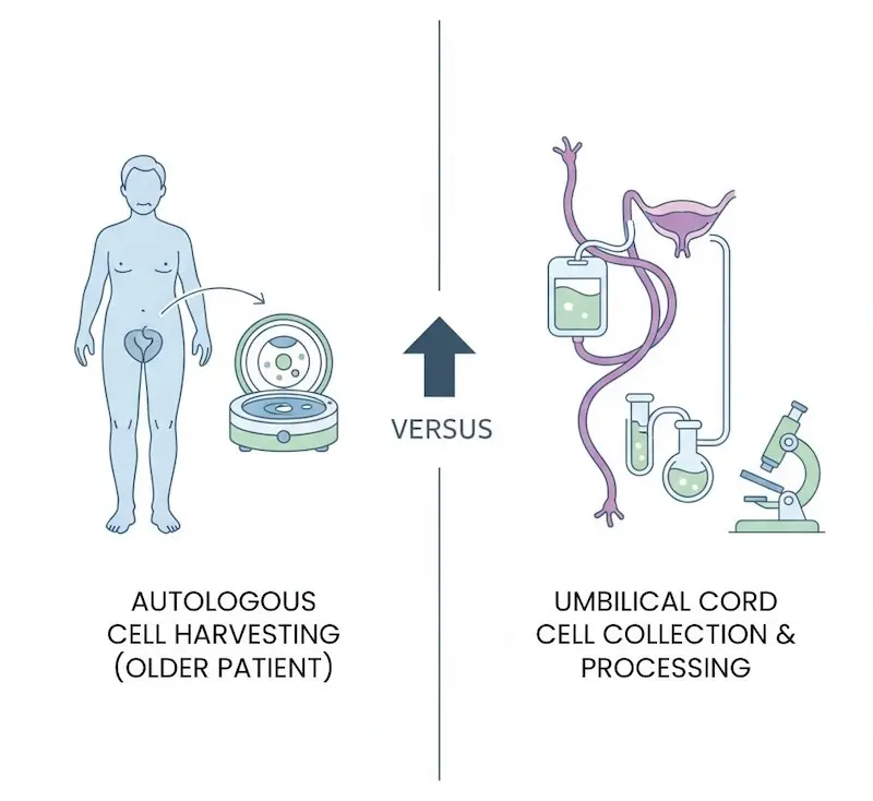 Comparison diagram of autologous adipose-derived stem cells versus allogeneic umbilical cord mesenchymal stem cells for menopause treatment, showing differences in cell age, potency, and processing requirements