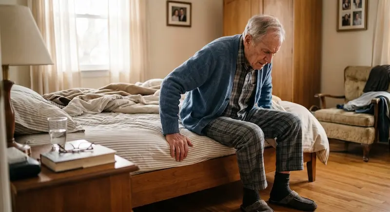 Elderly person with sarcopenia sitting on the edge of a bed, struggling to stand up, representing age-related muscle loss