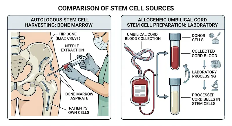 Comparison diagram of autologous bone marrow stem cell therapy in Japan versus allogeneic umbilical cord-derived MSC therapy in Malaysia for tendinopathy treatment, showing differences in cell age, potency, and procedure requirements.