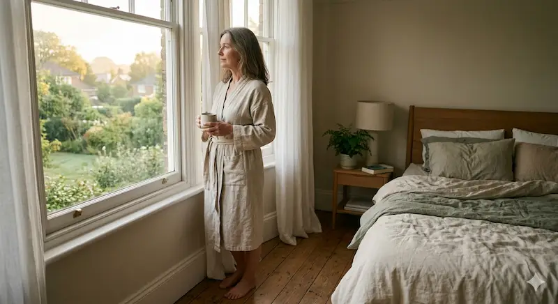 Woman in her fifties looking out a window at dawn, representing the daily impact of menopausal symptoms on sleep and wellbeing