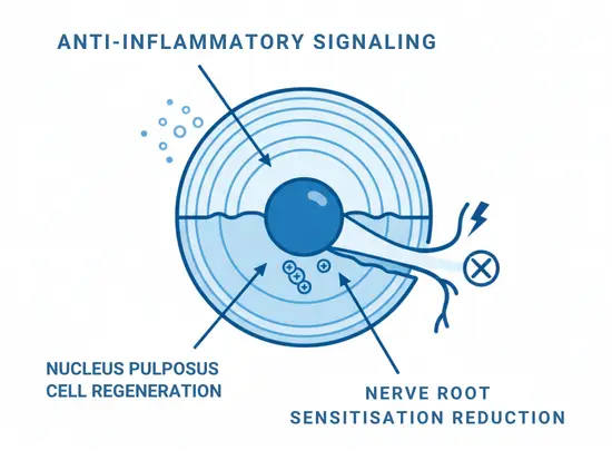 Scientific diagram showing three mechanisms of mesenchymal stem cell therapy for chronic low back pain: anti-inflammatory modulation, disc cell regeneration, and nerve sensitization reduction
