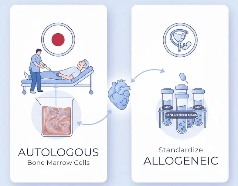 Comparison diagram of autologous stem cell therapy in Japan versus allogeneic cord-derived MSC therapy in Malaysia for heart failure