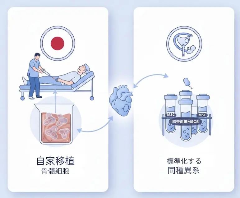 Diagram illustrating three mechanisms of mesenchymal stem cell therapy for heart failure: paracrine signaling, angiogenesis, and immune modulation