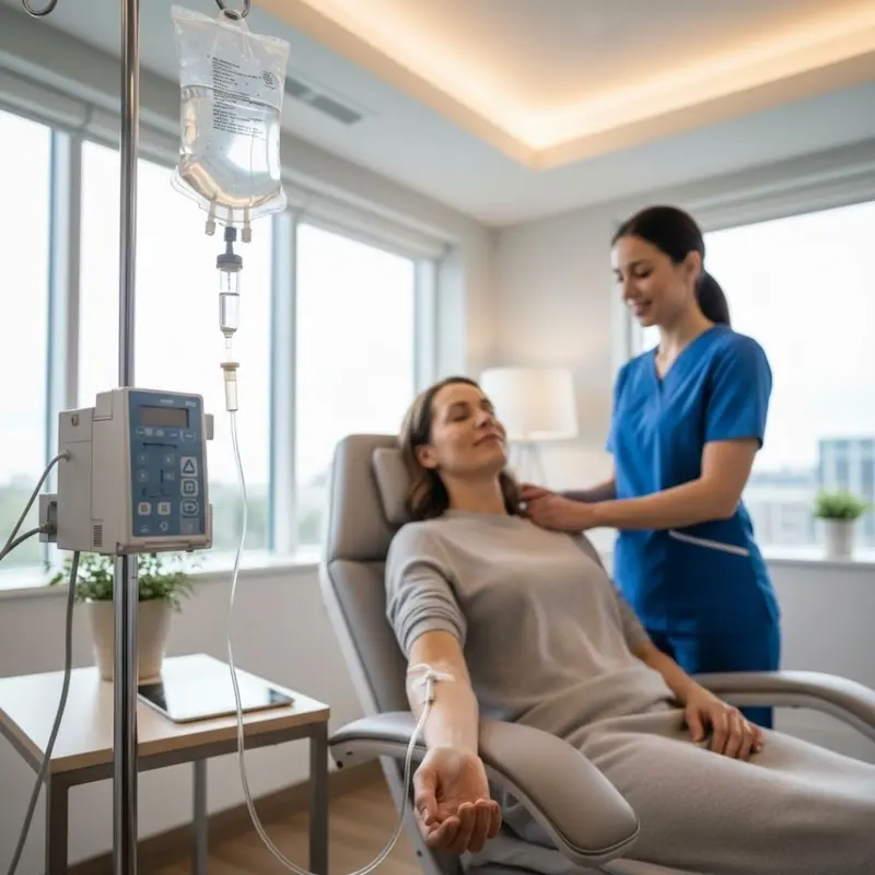 Patient receiving intravenous stem cell infusion therapy in a modern clinical setting