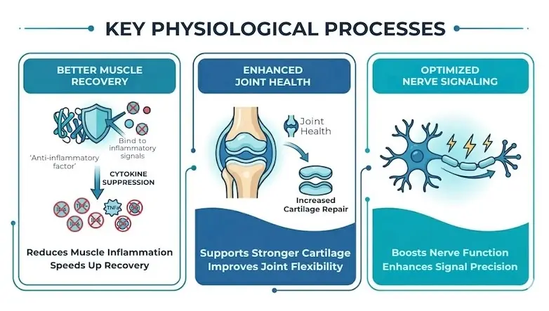Diagram showing three biological mechanisms of mesenchymal stem cell therapy for aging frailty: reducing inflammaging, supporting satellite cell function, and improving mitochondrial activity