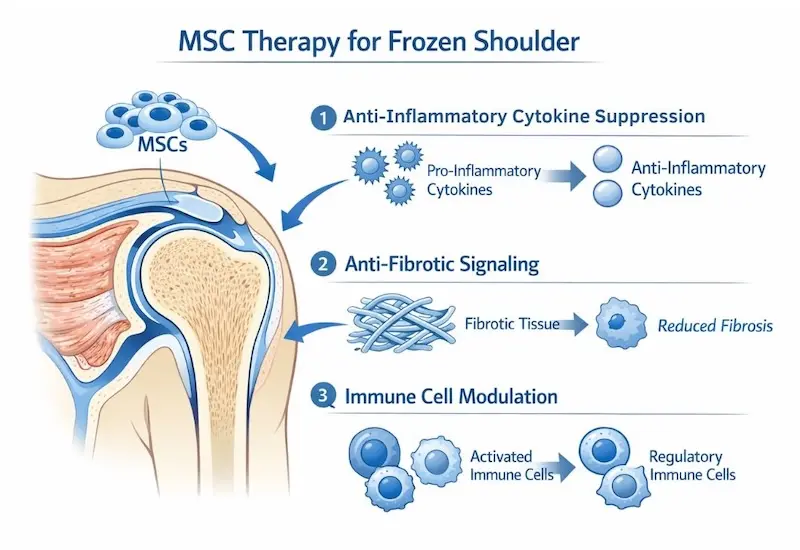Diagram showing three biological mechanisms of mesenchymal stem cell therapy targeting capsular fibrosis, inflammation, and immune modulation in frozen shoulder adhesive capsulitis