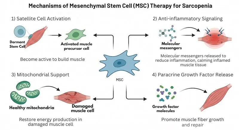 Diagram showing four mechanisms of mesenchymal stem cell therapy for sarcopenia including satellite cell activation, inflammation reduction, mitochondrial transfer, and paracrine signaling