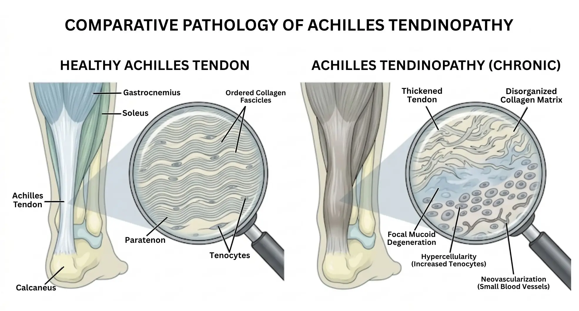 Medical illustration of a damaged Achilles tendon affected by tendinopathy showing disorganized collagen fibers and degeneration, representing chronic tendinopathy and the case for stem cell therapy.
