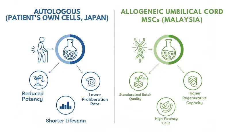 Side-by-side comparison of autologous stem cells in Japan versus allogeneic umbilical cord stem cells in Malaysia for sarcopenia treatment, highlighting cell age and potency differences