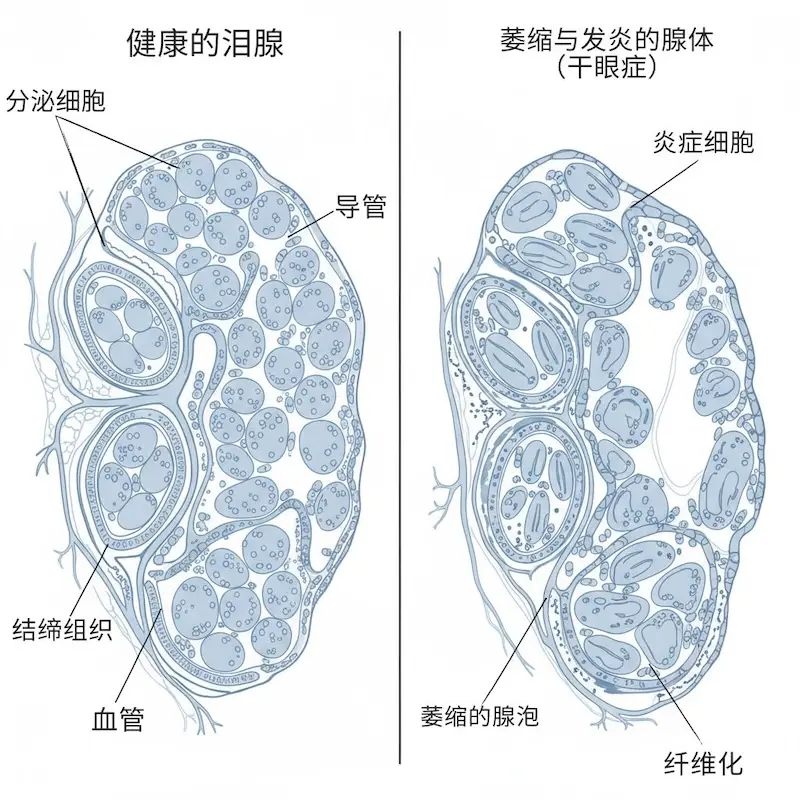 干眼症导致受损萎缩的泪腺与健康泪腺的解剖学对比示意图