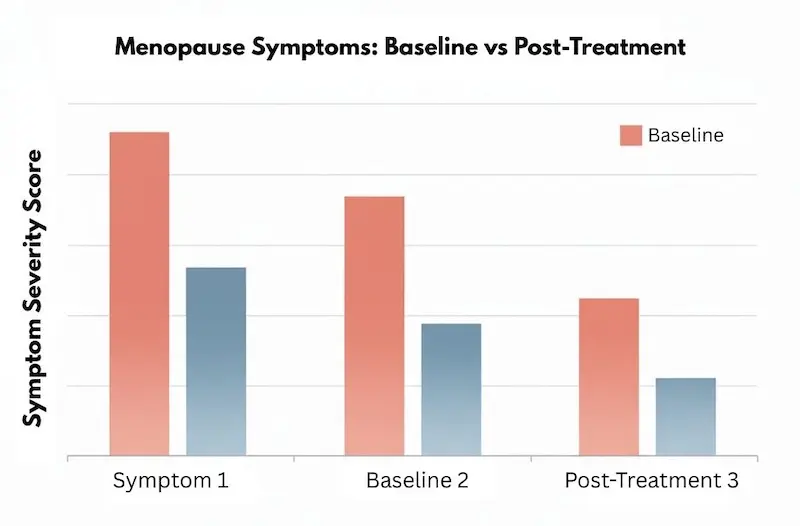 Bar chart showing improvement in menopausal symptoms and ovarian markers after umbilical cord mesenchymal stem cell therapy in published clinical trials