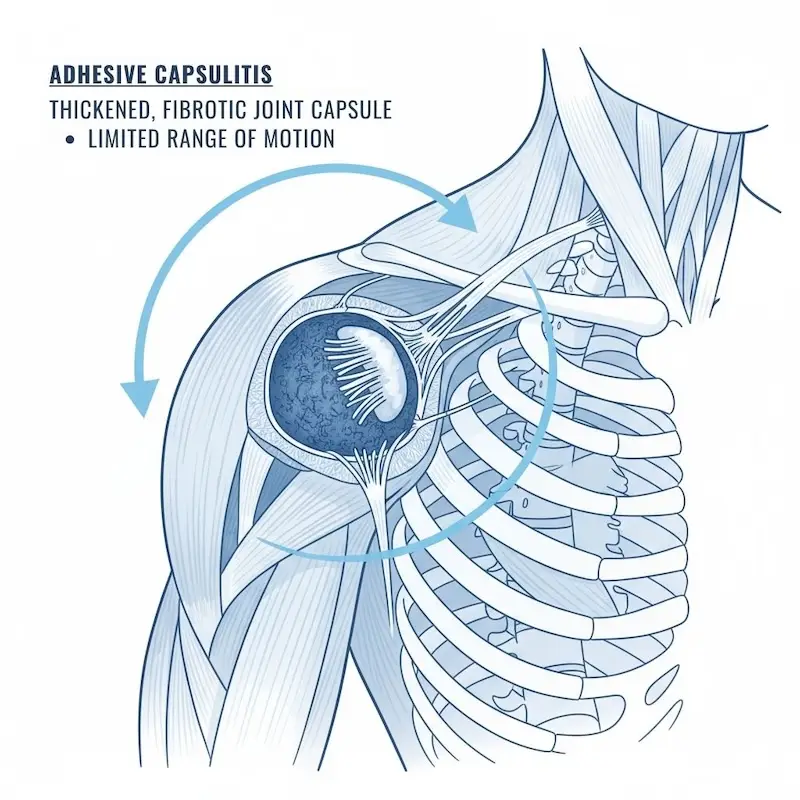 Illustration of a frozen shoulder joint showing thickened capsule and restricted range of motion in adhesive capsulitis