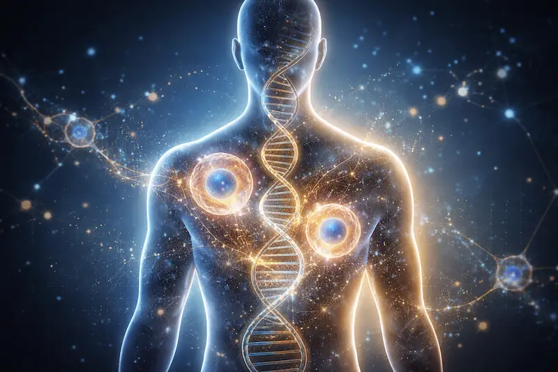 Digital illustration of stem cells and DNA representing the future of regenerative medicine for diabetes