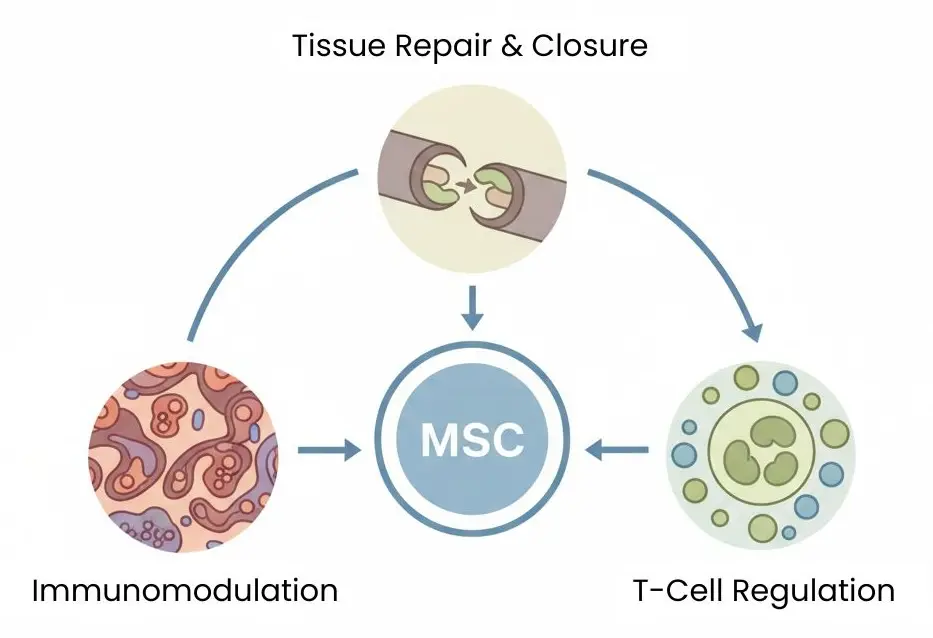 Diagram showing three mechanisms of mesenchymal stem cell therapy for Crohn's disease: immune regulation, tissue healing, and fistula closure