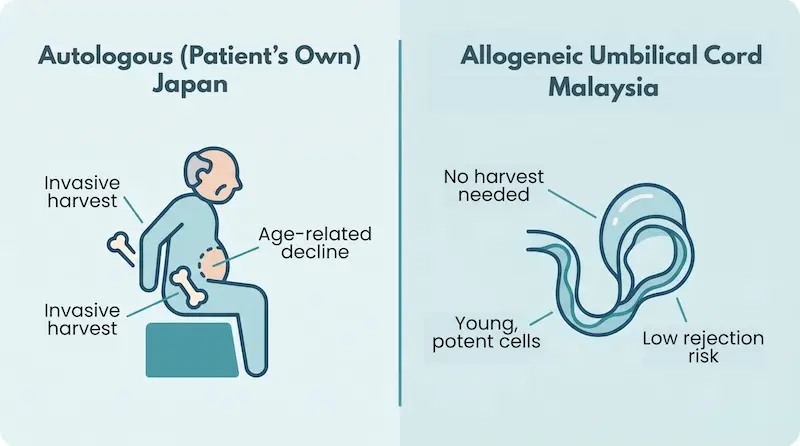 Comparison infographic of autologous bone marrow and fat stem cells used in Japan versus allogeneic umbilical cord stem cells used in Malaysia for hip osteoarthritis treatment