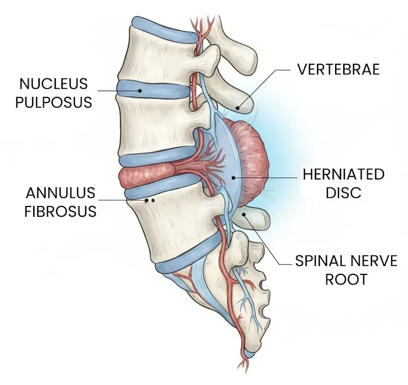 Anatomical illustration of a lumbar herniated disc bulging backward and pressing on a spinal nerve root, the cause of sciatica