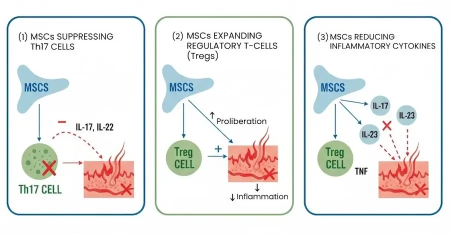 Diagram showing three mechanisms of mesenchymal stem cell therapy in psoriasis treatment: T-cell modulation, regulatory T-cell expansion, and inflammatory cytokine reduction