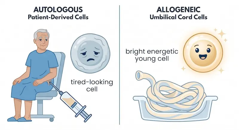 Comparison diagram of autologous patient-derived stem cells in Japan versus allogeneic umbilical cord MSCs in Malaysia for atherosclerosis treatment