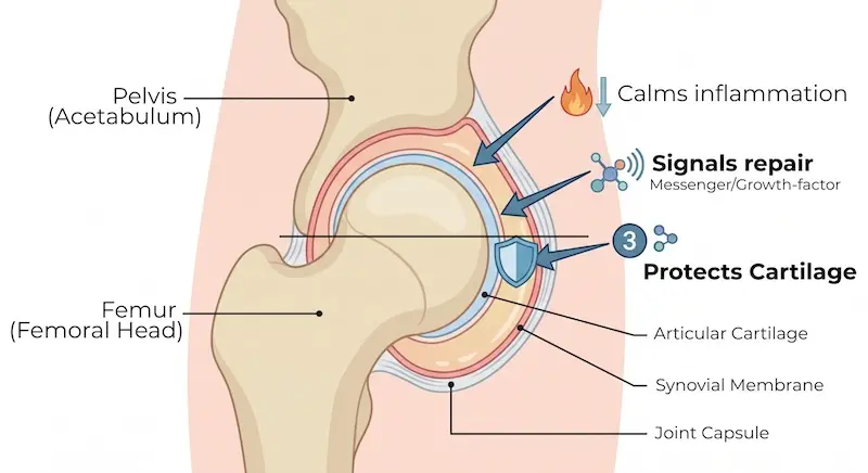 Diagram showing three mechanisms of stem cell treatment for hip osteoarthritis: reducing inflammation, signalling for cartilage repair, and protecting remaining cartilage
