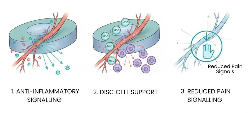 Diagram showing three mechanisms of mesenchymal stem cell therapy for a herniated disc: reducing nerve-root inflammation, supporting disc cells, and calming pain signals