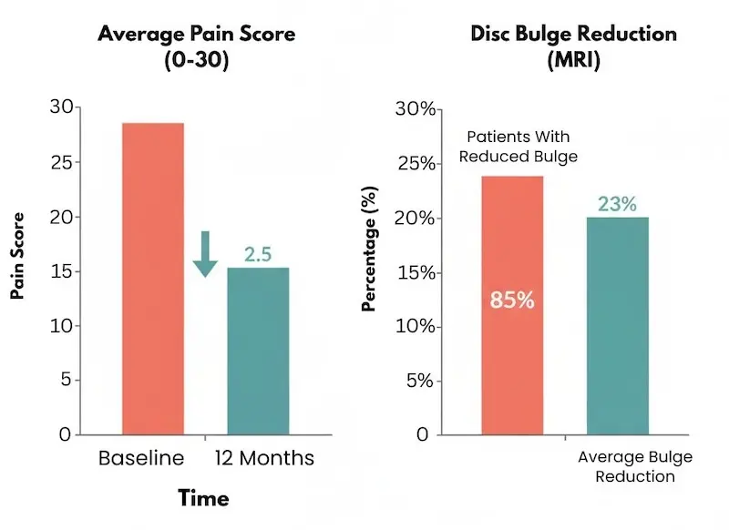 Bar chart showing pain score reduction and disc bulge size reduction in herniated disc patients after intradiscal stem cell therapy, based on published clinical studies