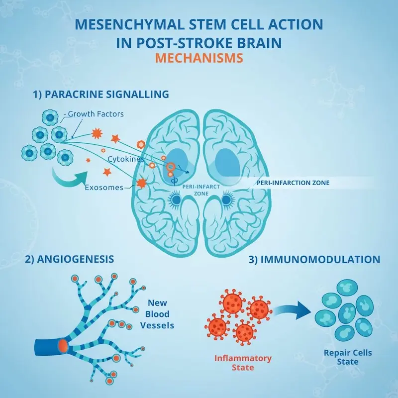 Diagram showing three mechanisms of mesenchymal stem cell therapy for post-stroke sequelae: paracrine signaling, angiogenesis, and immunomodulation