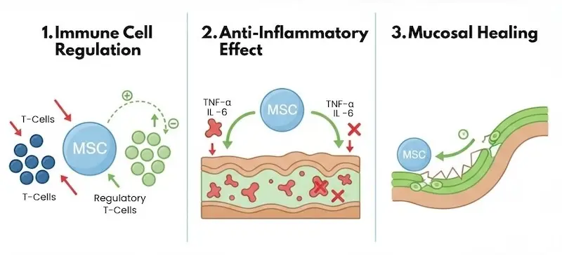 Diagram showing three mechanisms of mesenchymal stem cell therapy for ulcerative colitis: immune cell regulation, reduction of inflammatory cytokines, and mucosal healing support