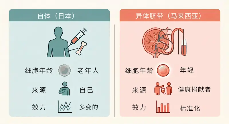日本自体干细胞治疗与马来西亚他源脐带MSC治疗对比图,针对重症哮喘