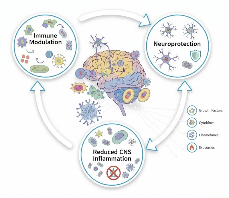 Scientific diagram showing three mechanisms of mesenchymal stem cell therapy for multiple sclerosis: immune modulation, neuroprotective signaling, and reduction of CNS inflammation