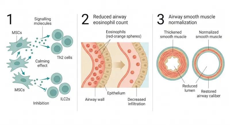 Diagram showing three mechanisms of mesenchymal stem cell therapy for severe asthma: Th2/ILC2 suppression, eosinophilic inflammation reduction, and airway remodeling protection